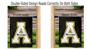 black appalachian state garden flag displayed from both sides hung from mailbox flagpole
