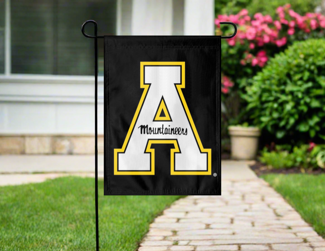 black appalachian state university garden flag hung outside from garden flag stand