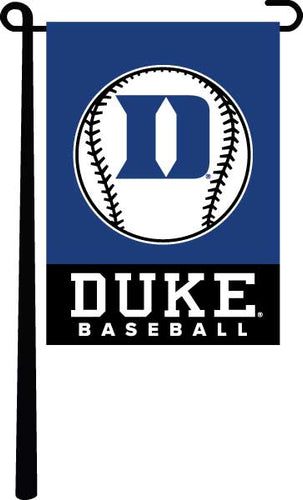 blue and black Duke Baseball Garden Flag hanging on black garden flag stand