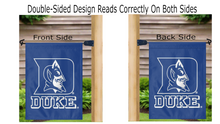 Load image into Gallery viewer, blue Duke University Garden Flag hung from mailbox flagpole displayed from both sides
