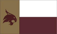 Load image into Gallery viewer, Gold and Maroon 2 Panel 3x5 Texas State University Flag with Maroon Bobcat Logo and State of Texas Style Background 
