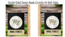Load image into Gallery viewer, Wake Forest Baseball Garden Flag hanging on mailbox flagpole
