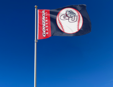 Load image into Gallery viewer, Blue and red 3x5 Gonzaga Baseball flag with two metal grommets attached to flagpole waving in the wind

