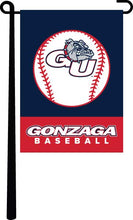 Load image into Gallery viewer, blue and red Gonzaga Baseball Garden Flag hanging on black garden flag stand
