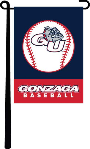 blue and red Gonzaga Baseball Garden Flag hanging on black garden flag stand