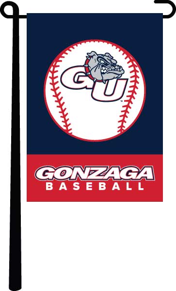 blue and red Gonzaga Baseball Garden Flag hanging on black garden flag stand