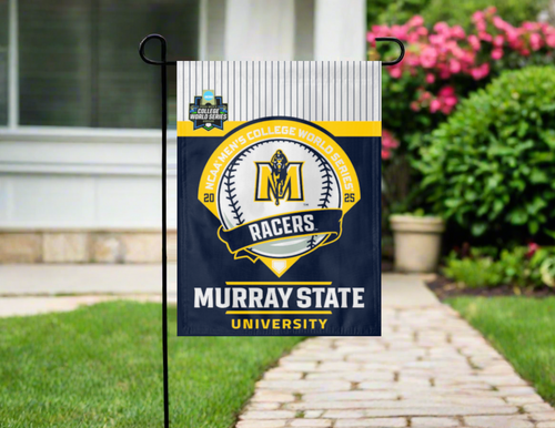 Murray State Baseball College World Series 2025 Garden Flag hung outside from garden flag stand