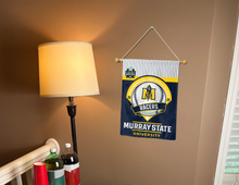 Load image into Gallery viewer, Murray State Baseball College World Series 2025 Garden Flag hanging on banner pole inside living room

