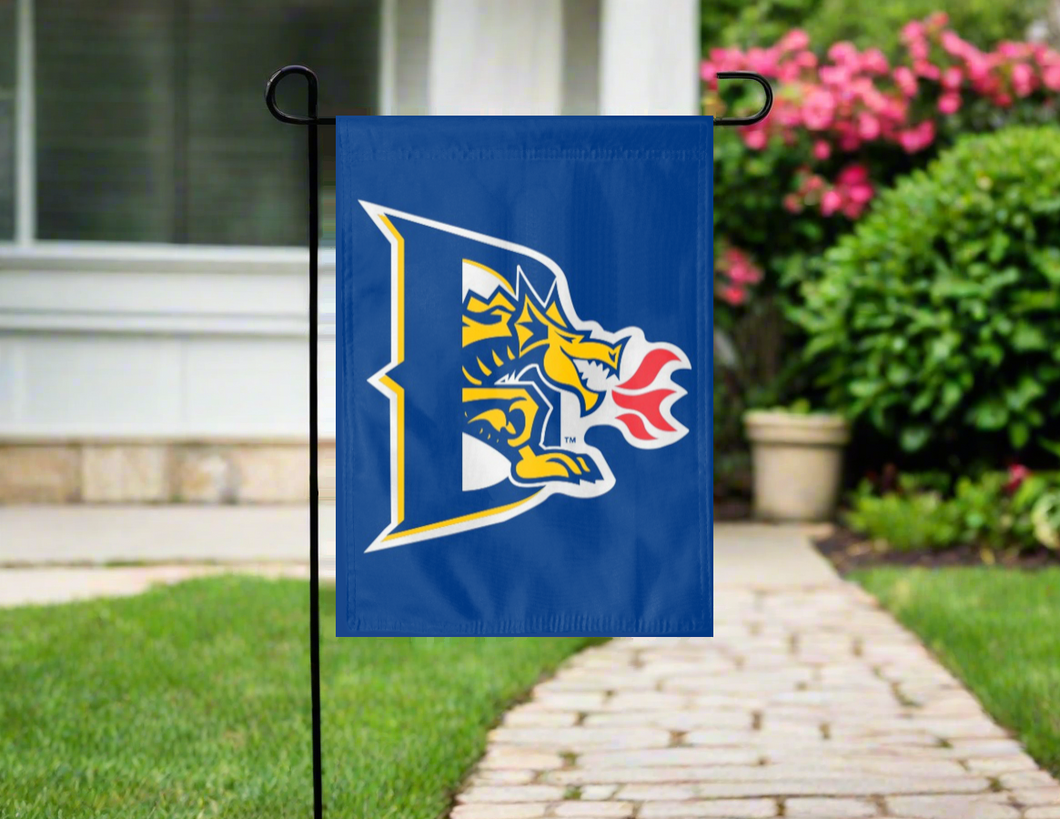 blue drexel university garden flag hung outside from garden flag stand