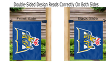 Load image into Gallery viewer, blue drexel university garden flag hung from mailbox flagpole displayed from both sides
