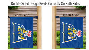 blue drexel university garden flag hung from mailbox flagpole displayed from both sides
