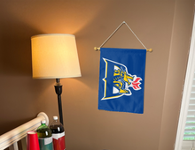 Load image into Gallery viewer, blue drexel university garden flag hung from banner pole inside living room
