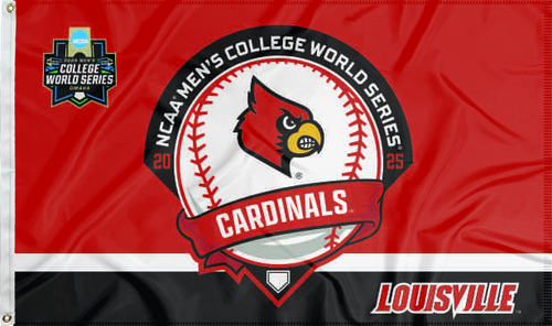 red and black Louisville Baseball College World Series 2025 Flag