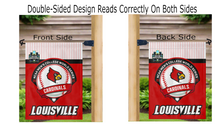 Load image into Gallery viewer, louisville baseball college world series 2025 garden flag hung from mailbox flagpole
