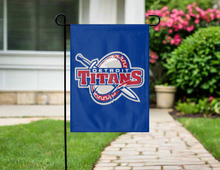Load image into Gallery viewer, blue detroit titans garden flag with shield and sword logo hung outside from garden flag stand
