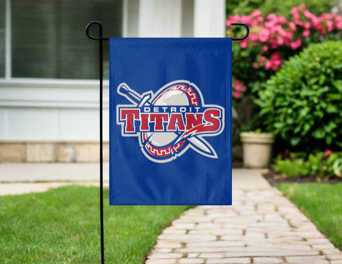blue detroit titans garden flag with shield and sword logo hung outside from garden flag stand