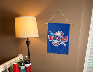 blue University of Detroit Mercy Titans Garden Flag hung from banner pole inside living room