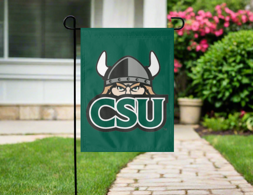 green cleveland state university garden flag hung outside from garden flag stand