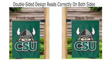 Load image into Gallery viewer, green cleveland state university garden flag hung from mailbox flagpole displayed from both sides
