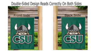 green cleveland state university garden flag hung from mailbox flagpole displayed from both sides