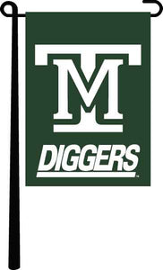 Green 13x18 inch long Montana Tech Diggers Garden Flag hanging on black garden flag stand