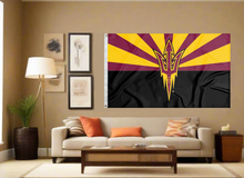 Load image into Gallery viewer, Black Gold and Red 3x5 foot wide Arizona state University flag with State of Arizona flag style logo and two metal grommets for indoor home decor covering tan wall of room
