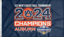 Load image into Gallery viewer, blue 3x5 foot wide Auburn University SEC Men&#39;s Basketball Tournament Champions Flag 2024 with two metal grommets
