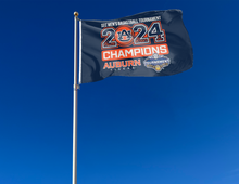 Load image into Gallery viewer, blue 3x5 foot wide Auburn University SEC Men&#39;s Basketball Tournament Champions Flag 2024 with two metal grommets attached to flagpole waving in the wind
