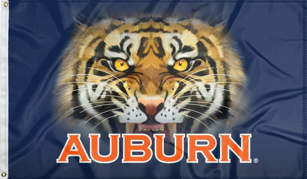 blue 3x5 foot wide Auburn University flag with Realistic Tiger face over Auburn logo and two metal grommets