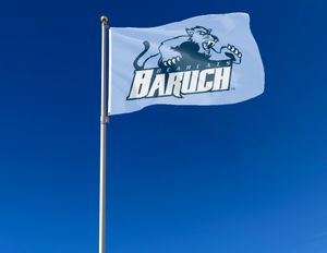 Light blue 3x5 foot wide Baruch College Flag with two metal grommets attached to flagpole as it waves in the wind