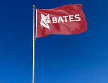 Load image into Gallery viewer, Red 3x5 foot wide Bates College Flag with Bates Logo and two metal grommets attached to a flagpole as it waves in the wind
