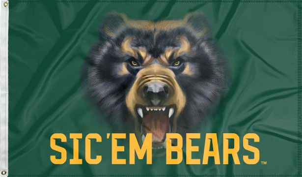 Green 3x5 foot wide Baylor University Flag with Realistic Angry Bear Roaring over Sic Em Bears Logo and two metal grommets