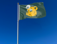 Load image into Gallery viewer, Green 3x5 foot wide Baylor University Flag with Sailor Bear head Logo and Two Metal Grommets attached to flagpole as it waves in the wind
