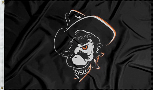 Black 3x5 Oklahoma State University Flag with Pistol Pete Logo and Two Metal Grommets