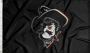 Black 3x5 Oklahoma State University Flag with Pistol Pete Logo and Two Metal Grommets