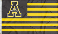 Load image into Gallery viewer, Black and Gold striped 3x5 foot wide Appalachian State University flag with two metal grommets

