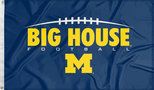 Blue 3x5 foot wide University of Michigan Flag with Big House Football M Logo and two metal grommets