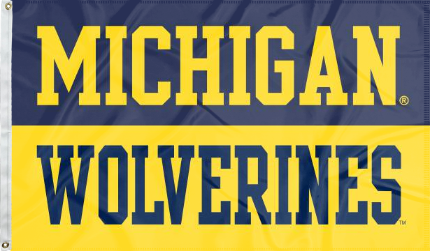 3x5 foot wide University of Michigan Flag with Michigan Wolverines Logo and two metal grommets