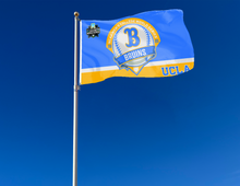 Load image into Gallery viewer, Blue and gold UCLA Baseball College World Series 2025 Flag attached to flagpole waving in the wind
