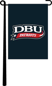 navy blue 13x18 Dallas Baptist University Garden Flag hanging on black garden flag stand