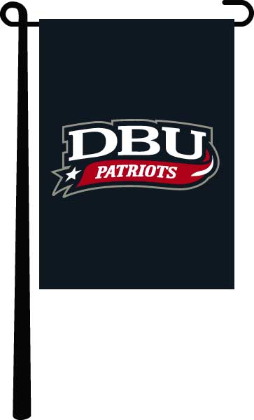 navy blue 13x18 Dallas Baptist University Garden Flag hanging on black garden flag stand