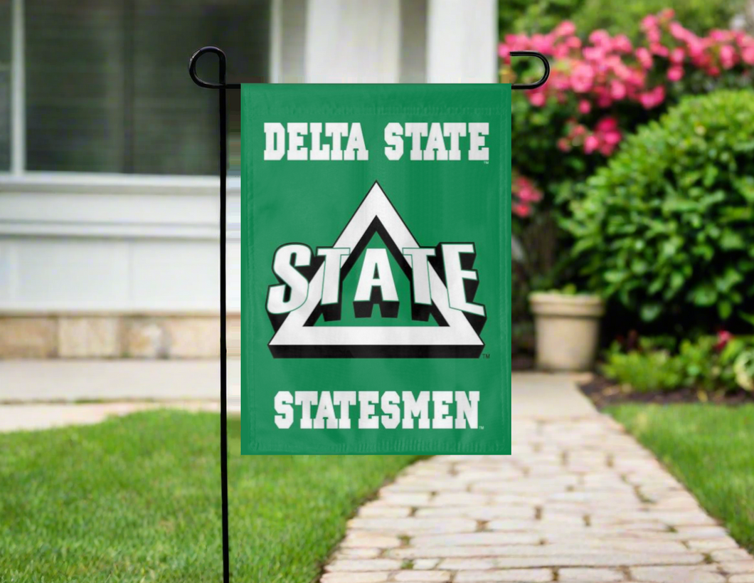 green delta state garden flag hung outside from garden flag stand