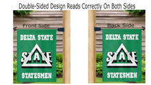 Load image into Gallery viewer, green delta state university garden flag hung from mailbox flagpole displayed from both sides
