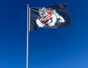 Fresno State University Flag with Bulldog Wearing American Flag Shirt