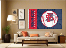 Load image into Gallery viewer, blue and red Fresno State Baseball flag with two metal grommets covering tan wall of well lit room
