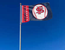 Load image into Gallery viewer, blue and red Fresno State Baseball flag with two metal grommets attached to flagpole waving in the wind
