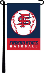 Blue and red Fresno State Baseball Garden Flag hanging on black garden flag stand for sports décor