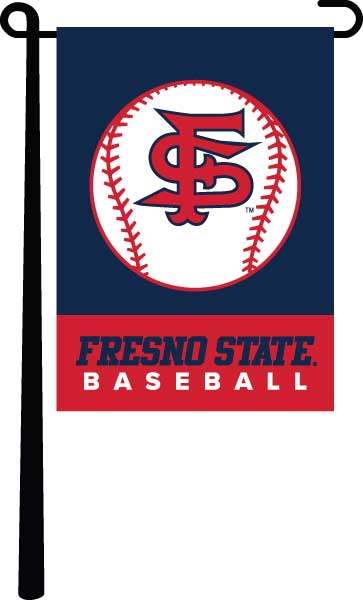 Blue and red Fresno State Baseball Garden Flag hanging on black garden flag stand for sports décor