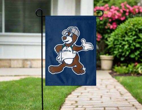blue Drew University Mascot Garden Flag hung outside from garden flag stand
