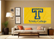 Load image into Gallery viewer, Gold 3x5 Trinity College Flag with two metal grommets for indoor home décor covering tan wall of well lit room
